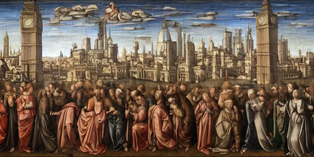 Image similar to highly detailed renaissance painting of London Skyline