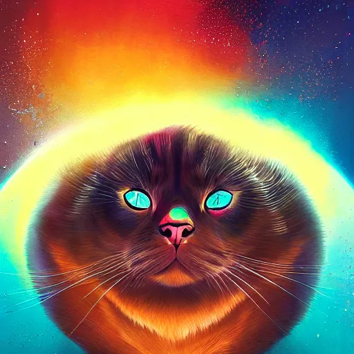 Prompt: a dramatic body portrait of an obese cat with rainbows and space behind it, cinematic lighting, symmetric face by karol bak, christopher balaskas