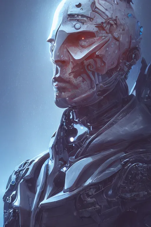 Prompt: detailed portrait of a cyborg, necromancer, benevolent, scifi, futuristic, elegant cape, glow, concept art, sharp focus, inside a space ship, trending on artstation, intricate, advanced technology, art by roman makarenko and simon almeida and marcos melco