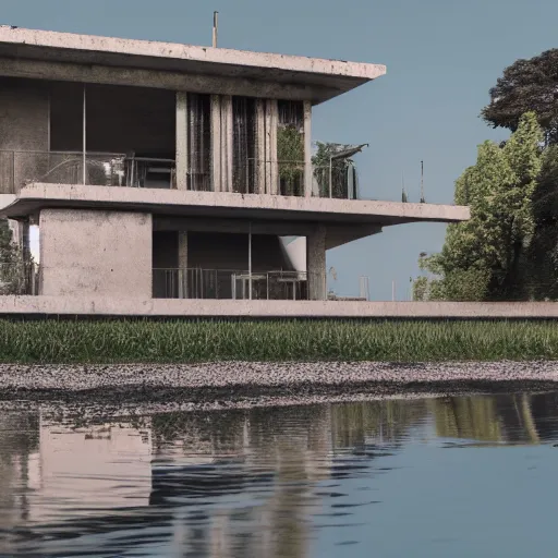 Image similar to brutalist villa on edge of a lake, antoni gaudi and le corbusier, photorealistic, cinematic, volume light, rendered in octane, artstation