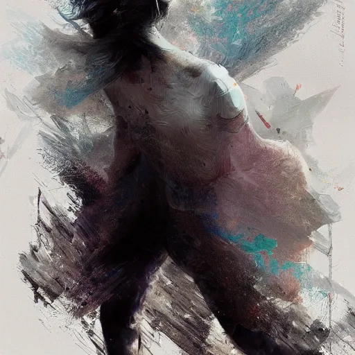 Prompt: glitch! art humanoid with smooth hair floating! in a white liminal space, full body!, detailed hyperrealistic concept art illustration by Greg rutkowski, smeared acrylic paint