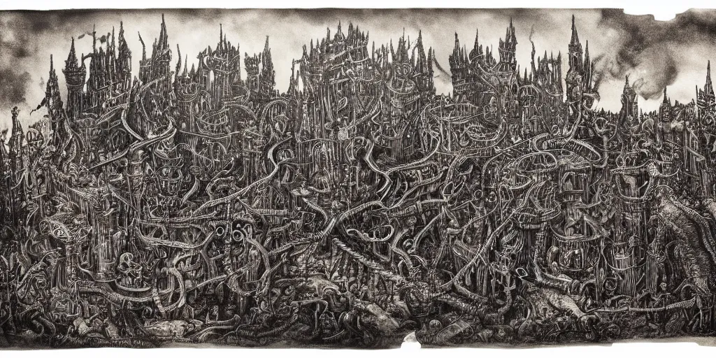 Prompt: Chained fantasy city in hell, by Carl Laubin, with blackened steel chains rising to the sky and castles. Dramatically lit, with intricate details and colours of flame and smoke