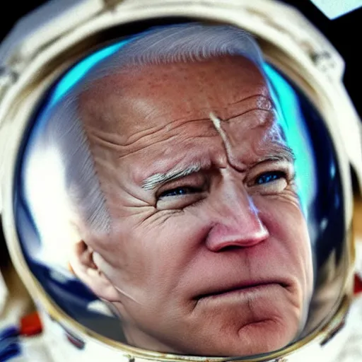 Image similar to A dramatic up close shot of Joe Biden staring into the camera as an astronaut, extremely detailed award winning photo, surreal