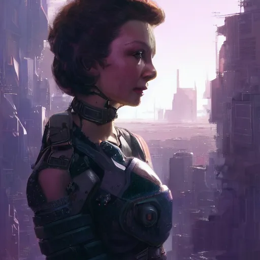 Image similar to closeup portrait of a young vivian leigh as cyberpunk mercenary, city background, megacity, high fantasy, dramatic light, gorgeous view, depth, high detail, digital art, painted by greg rutkowski, trending on artstation