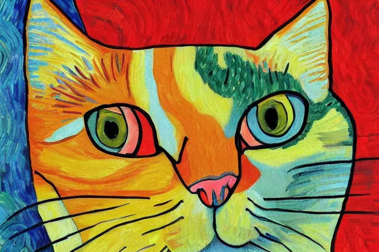 Prompt: beautiful art illustration of cat by laurel burch and van gogh, oil painting, highly detailed