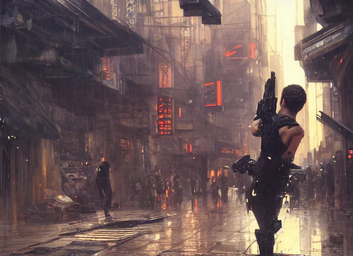 Image similar to blade runner fighting android replicants ( blade runner 2 0 4 9, cyberpunk 2 0 7 7 character design ). orientalist portrait by john william waterhouse and james gurney and theodore ralli and nasreddine dinet, oil on canvas. cinematic, hyper realism, realistic proportions, dramatic lighting, high detail 4 k