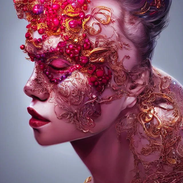 Image similar to studio portrait of absurdly beautiful, elegant, young hypercolorful gravure idol made of rubies and red gems, ultrafine hyperrealistic detailed face illustration by kim jung gi, irakli nadar, intricate linework, sharp focus, bright colors, matte, octopath traveler, final fantasy, unreal engine highly rendered, global illumination, radiant light, intricate environment