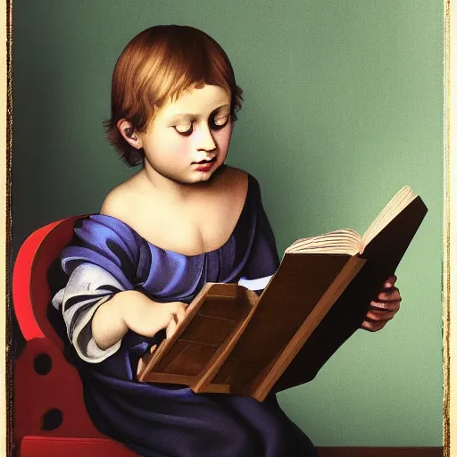 Prompt: hyperdetailed elaborate minimalist photorealistic half-lenght side portrait of a child, reading books inside a modern room. in the style of Caravaggio. flemish baroque details, vibrant shiny textures in soft pastel tones. matte background. HD 8x no frame