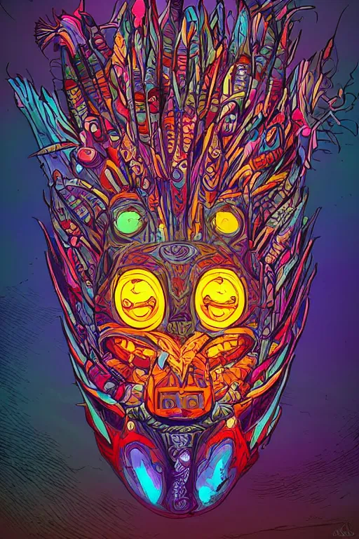 Image similar to totem animal tribal chaman vodoo mask feather gemstone plant wood rock video game illustration vivid color borderlands by josan gonzales and dan mumford radiating a glowing aura