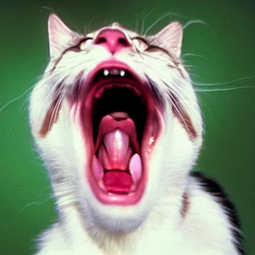Prompt: screaming cat wide open mouth reaction image, movie still