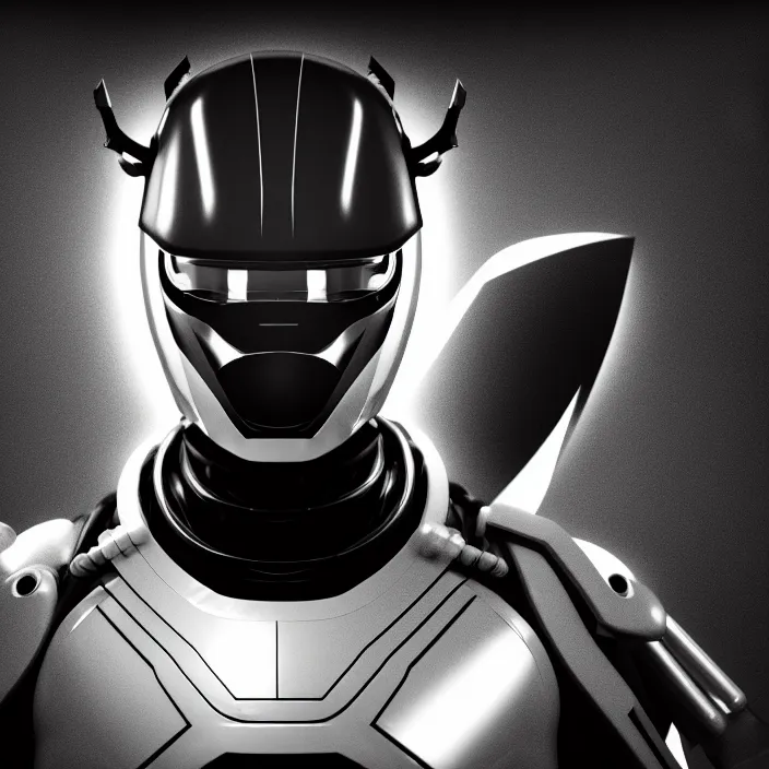 Image similar to a top down shot of a character in an spaceship by nihei tsutomu, front facing the camera, dramatic black and white, modern clean reflective obsidian dark black armor, highly detailed, 3 d render, vray, octane, realistic lighting