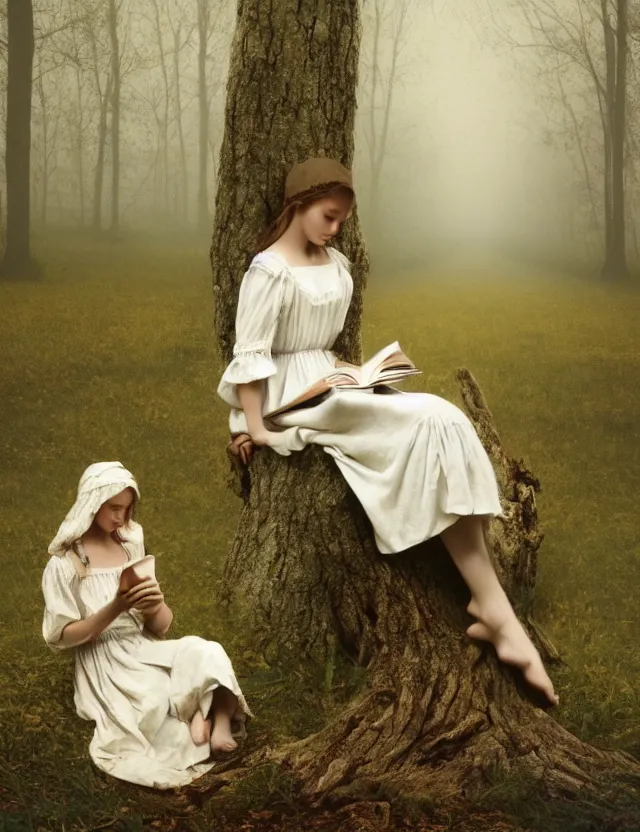 Prompt: peasant Girl in white reading a book sitting on a tree in a foggy forest, Cinematic focus, Polaroid photo, vintage, neutral colors, soft lights, by Steve Hanks, by Serov Valentin, by lisa yuskavage, by Andrei Tarkovsky 8k render, detailed, oil on canvas