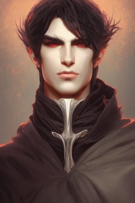 Prompt: up close portrait of a male vampire, anime, face, fantasy, intricate, elegant, highly detailed, digital painting, artstation, concept art, smooth, sharp focus, illustration, art by artgerm and greg rutkowski and alphonse mucha