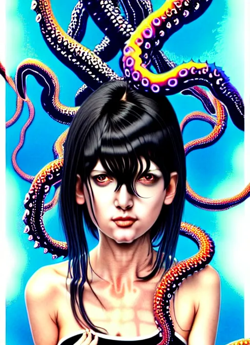 Image similar to richly detailed colored pencil 3D illustration of a beautiful woman with silky straight black hair with iridescence wearing a Nirvana band Tshirt and short black shorts, she staring at the camera happily while being surrounded by slimy tentacles, art by Range Murata and Artgerm.
