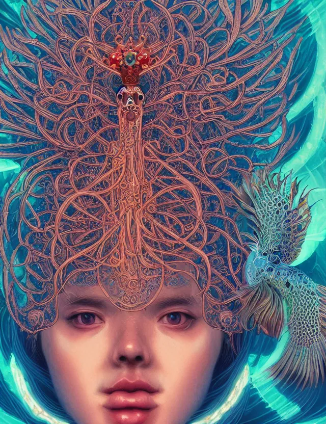 Image similar to symmetrical, centered, goddess close-up portrait wigh crown made of skulls. phoenix betta fish, phoenix, bioluminiscent creature, super intricate ornaments artwork by Tooth Wu and wlop and alena aenami and greg rutkowski