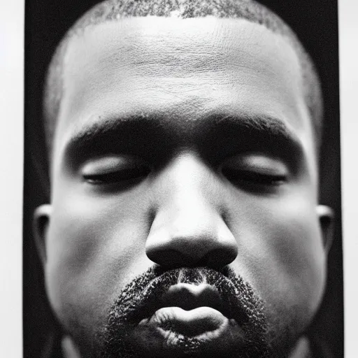 Image similar to a chiaroscuro lighting portrait of kanye west dressed as rick owens, black background, portrait by julia margaret cameron, shallow depth of field, 8 0 mm, f 1. 8