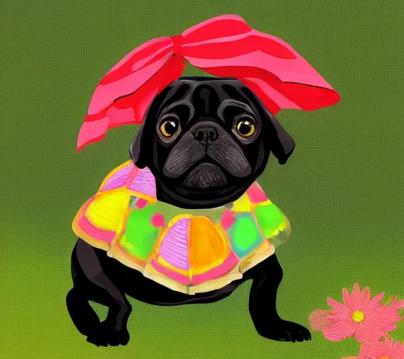 Image similar to a cute black pug wearing a cute turtle outfit, digital art, colourful