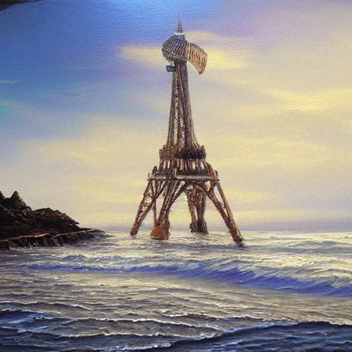 Image similar to highly detailed oil painting art of an ethereal tower rising from the ocean