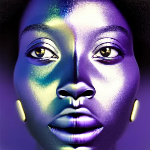 Prompt: portrait of metallic face, african woman, iridescent reflections, smooth, proud looking away, outdoor, blue sky, 8 k, realistic, depth of field, highly detailed, award winning photography, by richard mosse