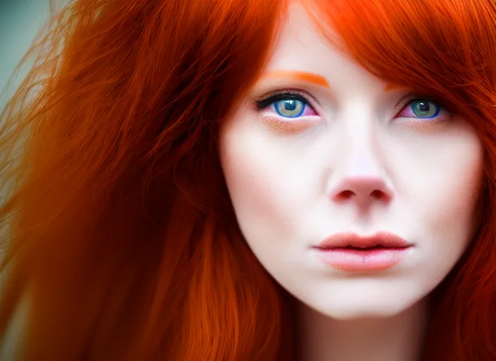 Image similar to 5 5 mm portrait photo of a redhead woman's face with ( intricate cat eyes )!!. highly detailed 8 k. intricate. lifelike. soft light. nikon d 8 5 0. cinematic post - processing