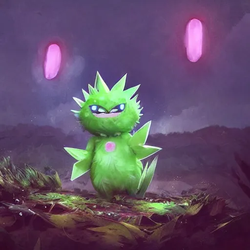 Image similar to a cute beautiful plant type pokemon with happy smile, green feathers bursting out of his hair, full body portrait, highly detailed digital art, 3 d perspective, award - winning illustration, aesthetic, smooth, pokemon style, made by greg rutkowski, with an alien landscape in the background