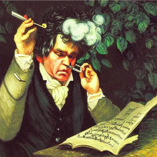 Prompt: beethoven smoking weed, conducting symphony by monet and peter bruegel