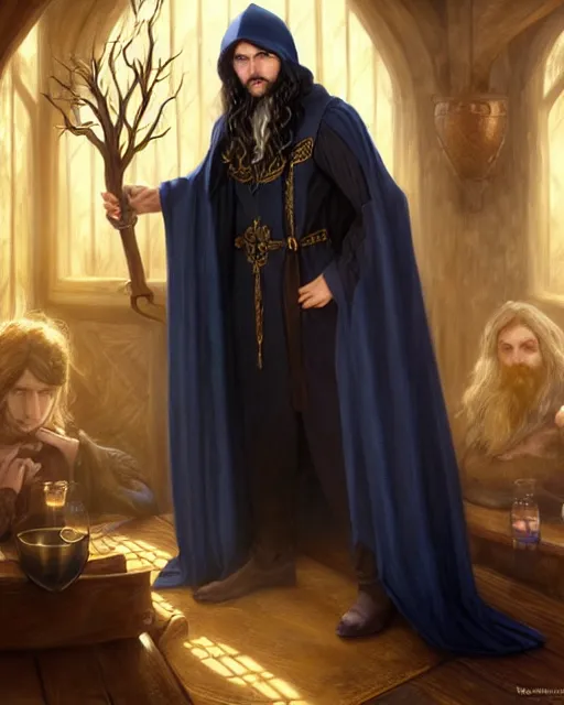 Image similar to handsome male wizard in a tavern, long black hair blue eyes young face wearing cloth mantle gothic navy cloak with gold details, tree town, fantasy character portrait, ultra realistic, intricate, elegant, cinematic lighting, highly detailed, digital painting, artstation, smooth, sharp, focus, illustration, art by artgerm and greg rutkowski and alphonse mucha