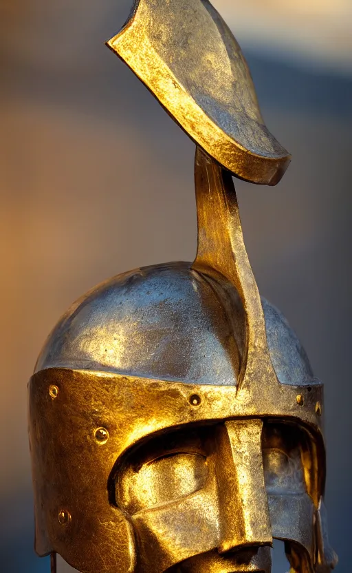 Prompt: a warrior wearing a hoplite helmet, museum photography, closeup, bokeh, golden hour