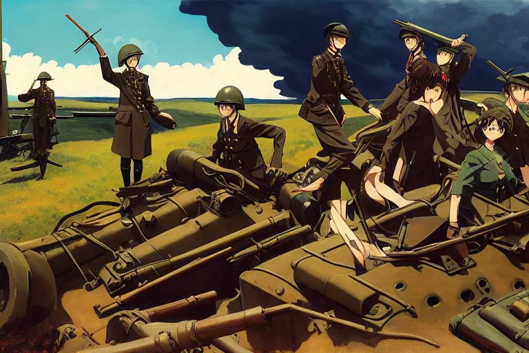 Prompt: anime key visual depicting the horrors of the 1 9 1 8 great war, anime maids riding early tanks, matriarchy, old bolt action rifles, biplanes in the sky, blood anguish terror death, style of jamie wyeth james gilleard edward hopper greg rutkowski acrylic painting, preserved museum piece, historical