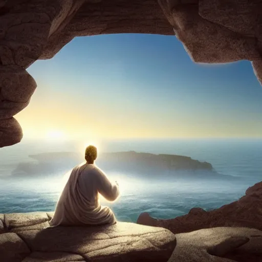 Prompt: a stunning 3 d render of jesus of nazareth meditating on a cliff with buddah and socrates, facing away from the camera watching the sunrise over the ocean, turbulent ocean in the background, sunrise, intricate, elegant, highly detailed, artstation, ultra sharp focus, octane render, volumetric lighting, art by greg rutkowski and rembrandt