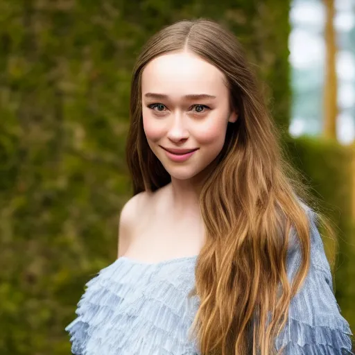 Image similar to alycia debnam carey smiling and standing while posing for a photo, award winning photography, hdr, studio lighting, dynamic pose, medium close shot, shot on canon eos r 5, f / 2. 5,