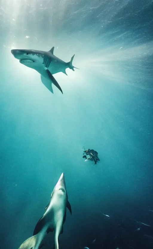 Image similar to im under water swimming with the fishes, i looked over and see a big shark swimming towards me, 8 k, gopro