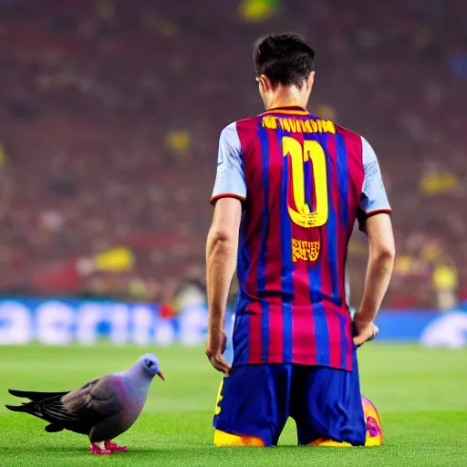 Image similar to robert lewandowski hugging a pigeon in camp nou