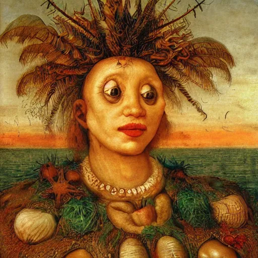 Prompt: sunset on the beach, by giuseppe arcimboldo,