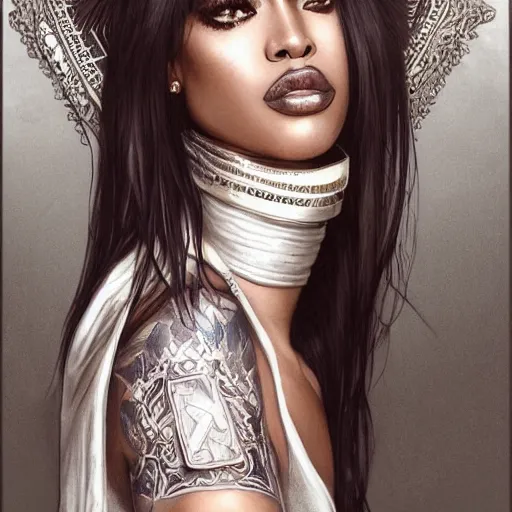 Prompt: an attractive young tattooed female with piercings wearing an white ornate metallic helmet, naomi campbell, olive skin, long dark hair, beautiful bone structure, intricate, elegant, highly detailed, digital painting, artstation, concept art, smooth, sharp focus, illustration, art by artgerm and greg rutkowski and alphonse mucha