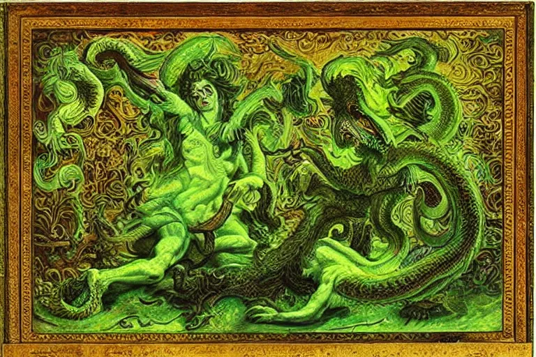 Prompt: a fearsome mythological basilisk made of glowing green matrix code, masterpiece rococo painting