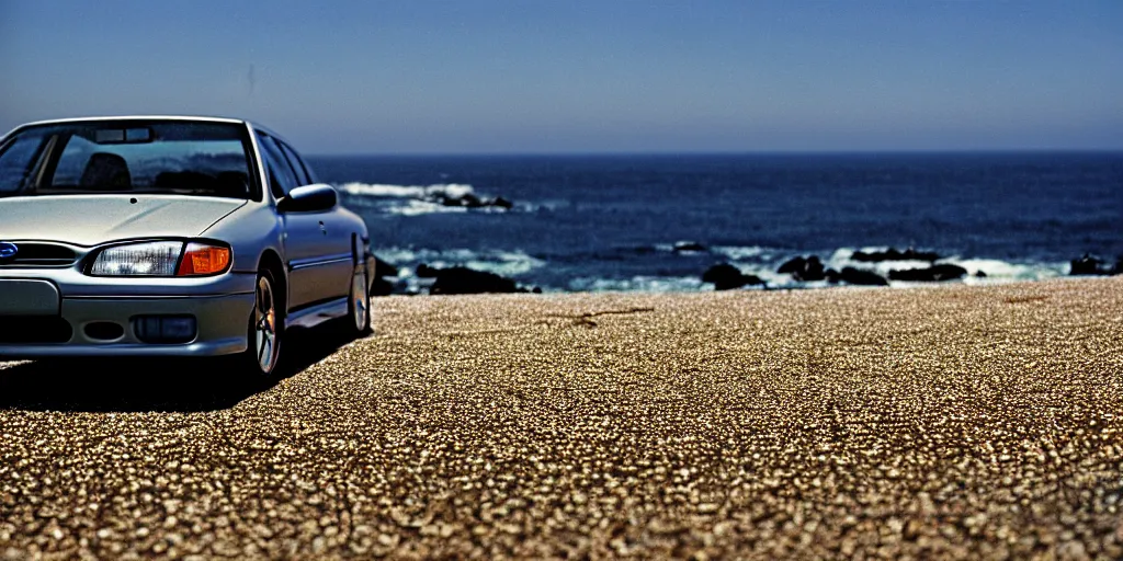 Prompt: photograph, 1999 Subaru GC8, cinematic, california coast, ocean view, 8k, depth of field, bokeh.