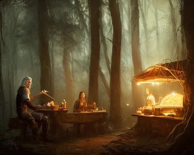 Image similar to 5 5 mm portrait photo of geralt of rivia serving shawarma, in a magical forest. dark atmosphere. art by greg rutkowski. highly detailed 8 k. intricate. lifelike. soft light. nikon d 8 5 0.