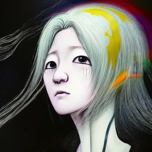 Image similar to yoshitaka amano blurred and dreamy three quarter angle portrait of a young woman with white hair and black eyes wearing dress suit with tie, playstation 2 horror game, junji ito abstract patterns in the background, satoshi kon anime, chungking express color palette, noisy film grain effect, highly detailed, renaissance oil painting, weird portrait angle, blurred lost edges