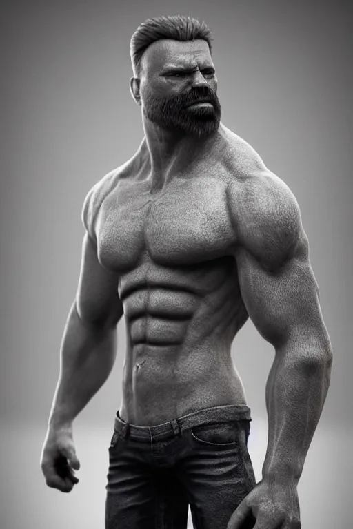 Image similar to a single muscular man wearing torn clothes, looking to the right, profile picture, hyperrealistic, concept art, octane render, unreal engine 5, trending on artstation, high quality, highly detailed, 8 k, dramatic lighting, cinematic, high coherence, anatomically correct, five fingers, digital art, seductive, black and white, big beard