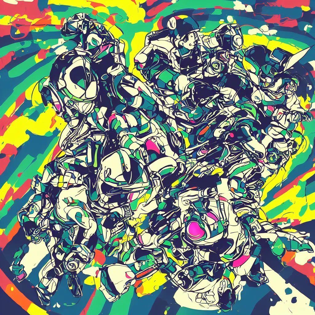 Image similar to people wearing helmets, ryuta ueda artwork, jet set radio artwork, stripes, gloom, space, cel - shaded art style, broken rainbow, data, minimal, speakers, code, cybernetic, dark, eerie, cyber