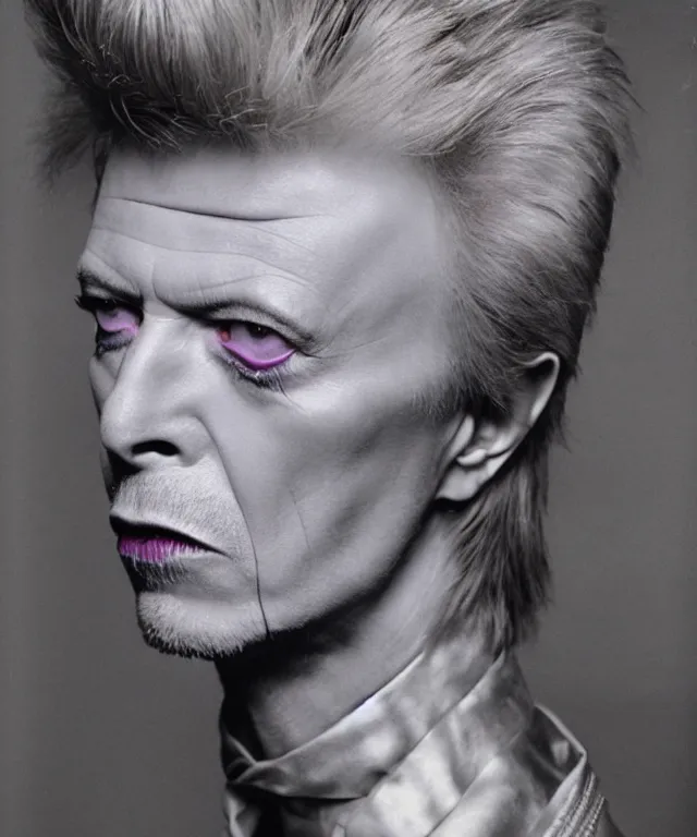 Image similar to a color photograph of david bowie, by thomas ruff, platinum blond, intense, bold, exaggerated, overblown, ultra sharp, extra details, ultra high quality, trending on pinteresst