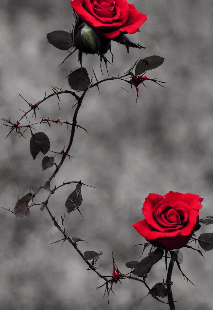 Image similar to a beautiful rose with black petals and blood - stained thorns