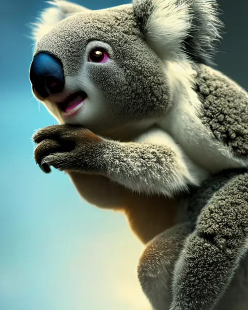 Image similar to movie still macro close photo of koala selling nft, by weta disney pixar greg rutkowski wlop ilya kuvshinov rossdraws artgerm octane render iridescent, bright morning, liosh, mucha