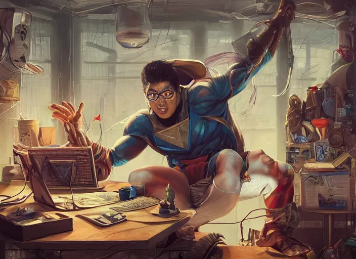 Image similar to an insanely detailed painting of an asian man wearing a homemade superhero costume, sitting at a desk, staring seriously at the computer and typing, in the style of peter mohrbacher, james jean, artgerm, dramatic lighting and composition, surreal background, octane render, pixar, trending on artstation, concept art, comic book, view from behind, 8 k