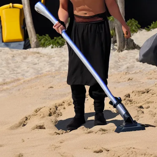 Image similar to anakin skywalker vacuuming the beach to remove sand