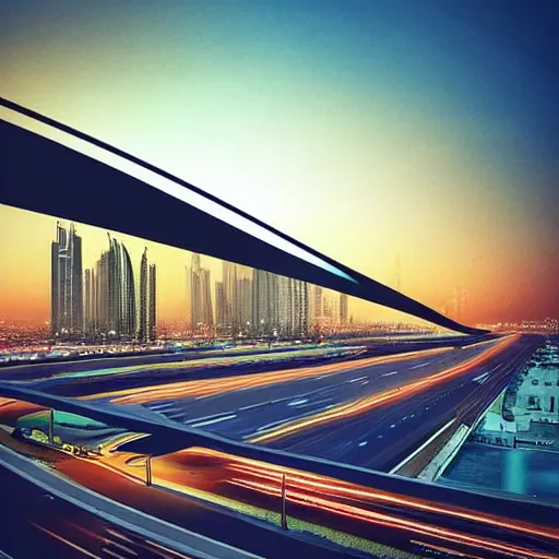 Image similar to “most advanced Dubai city dramatic lighting detailed straight lines and elegant curves beautiful sunset road network vegetation water lights birds clouds proportional symmetrical minimalism photorealistic sky render octane architecture design planning”