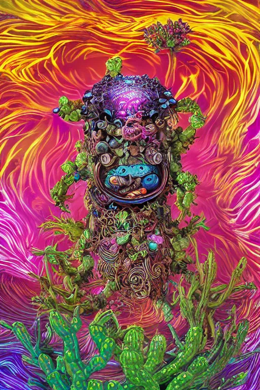 Image similar to creature sushi roots cactus elemental flush of force nature micro world fluo light deepdream a wild amazing steampunk baroque ancient alien creature, intricate detail, colorful digital painting radiating a glowing aura global illumination ray tracing