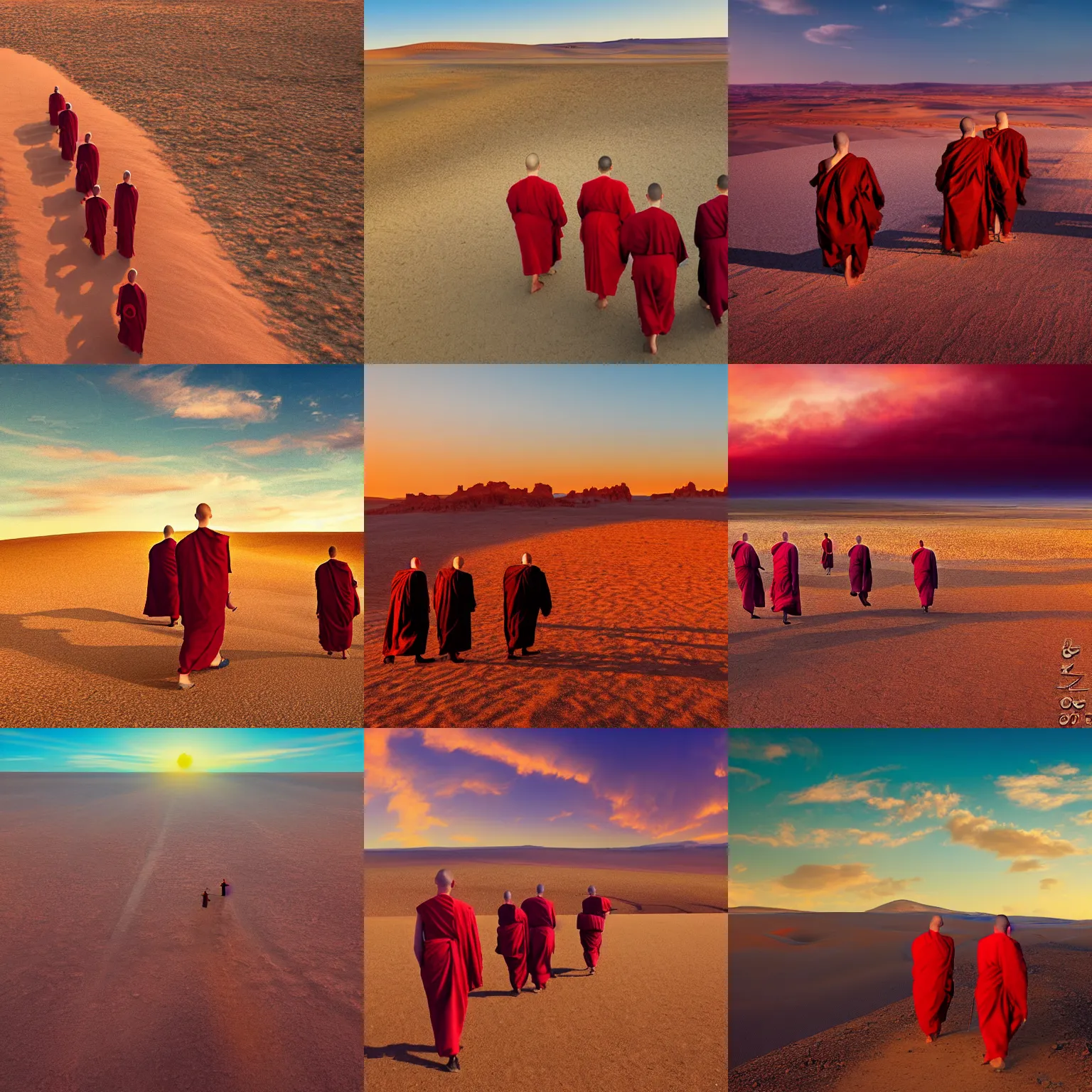 Prompt: group of orthodox monks walking through a flat desert plateau, fantasy art, 8 k, view from above, brightly lit, red sky