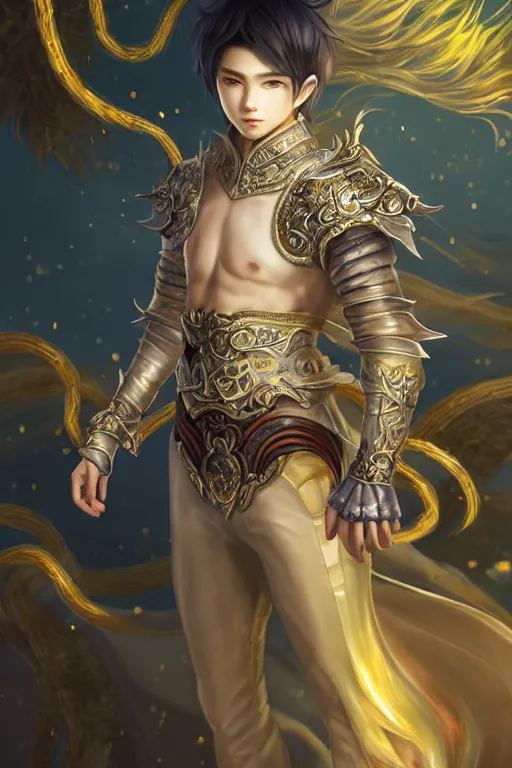 Prompt: fullbody portrait of a young male fit hero with strange hairs, soft smile, baroque cloth, luminous scene, final fantasy and legue of legends champion, by chengwei pan and sakimichan, gradient white to gold, in front of an iridescent magical building background, highly detailed portrait, digital painting, smooth, focus illustration